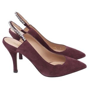 Valentino Garavani Rubin Crystal-Embellished Slingback Pumps in Burgundy Suede